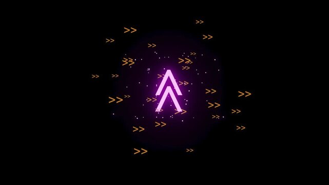 A logo of a technology brand is shown with a bright pink color. It is surrounded by glowing effects and arrow designs. The background is dark, giving focus to the logo.