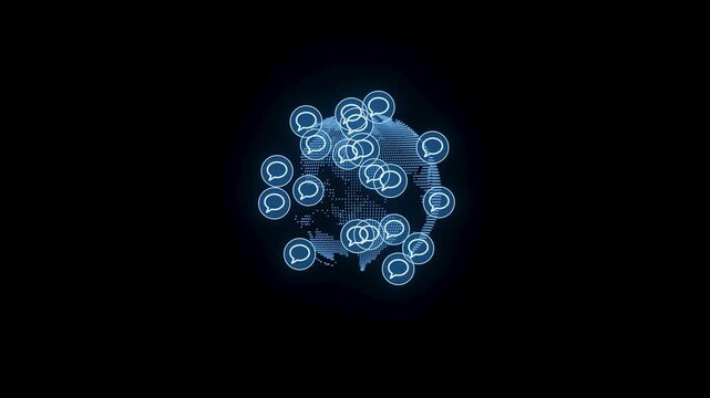 A digital representation of a world map with speech bubbles scattered across it. This shows global communication and connectivity via technology. The dark background highlights the network.