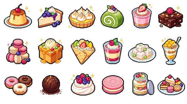 Set of cute colorful dessert icons featuring cakes pastries and sweet treats in a flat vector style.