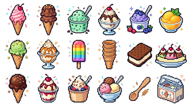 Set of colorful pixel art ice cream icons and frozen desserts.