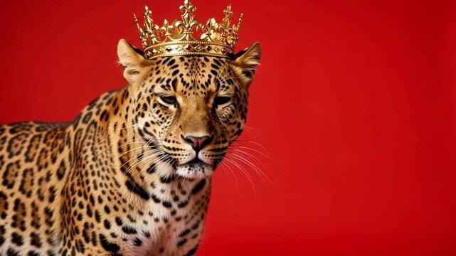 Majestic leopard wearing a golden crown against a vibrant red background
