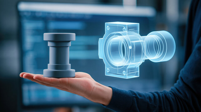 And keywordsIndustrial designer comparing gray prototype with holographic product model hand, expressing focused creativity during digital