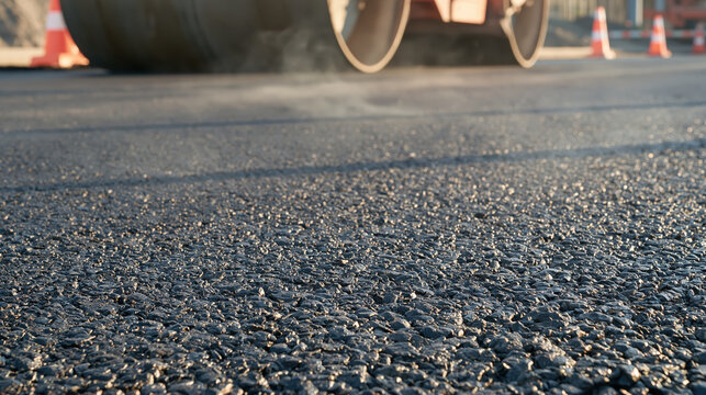 Close up of steaming fresh asphalt immediately after paving road construction