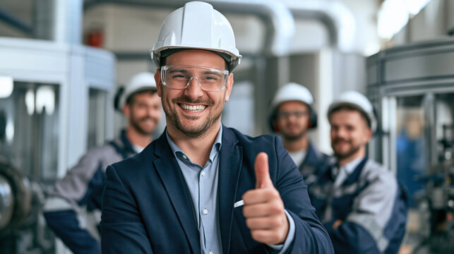 Confident production engineer wearing white hard hat, smiling and giving thumbs up in modern industrial factory environment