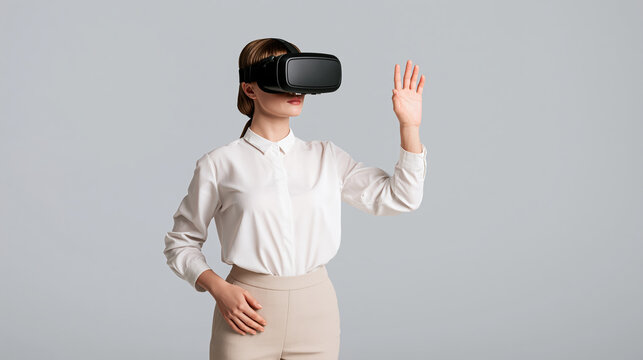 Female architect wearing white shirt and neutral trousers using virtual reality headset with raised hand against gray background