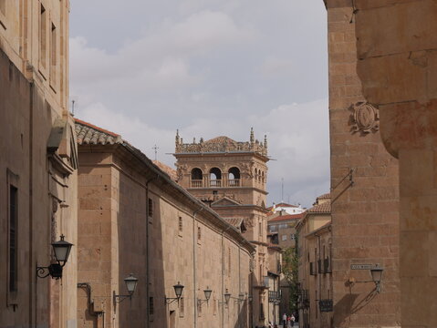 View of the historic sandstone architecture and narrow streets of the old town in Salamanca, Castile and Leon, Spain.
