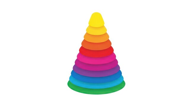 Stacked rainbow colored ring pyramid baby toy.