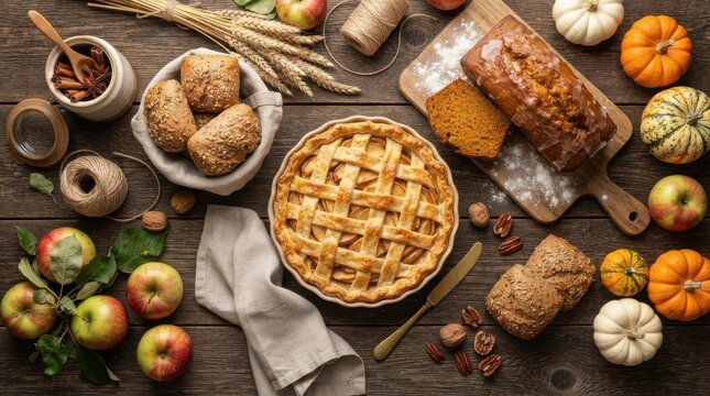 Fresh baked apple pie with bread and pumpkins on a rustic dark wooden table for a cozy autumn thanksgiving dinner celebration