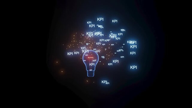 A light bulb is placed in the center of the scene surrounded by several glowing words that say KPI. This scene focuses on performance measurement tools. The background is dark.