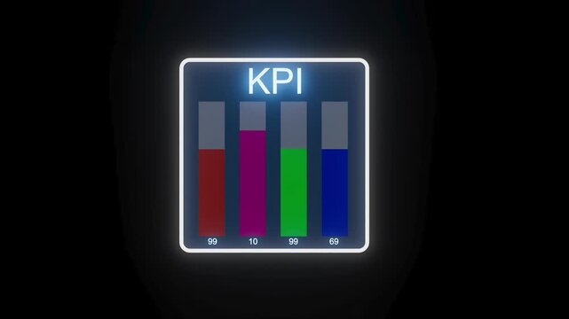A chart shows four colored bars representing different performance metrics. Each bar has a value next to it indicating the level of achievement. The setting is dark, making the colors stand out.