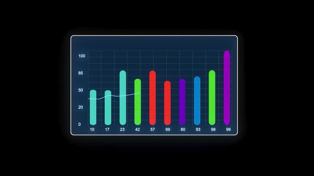 A colorful bar graph with vertical bars of different heights tracks growth over time. A line chart overlays the bars, showing a steady increase. Data points are marked along the x-axis.