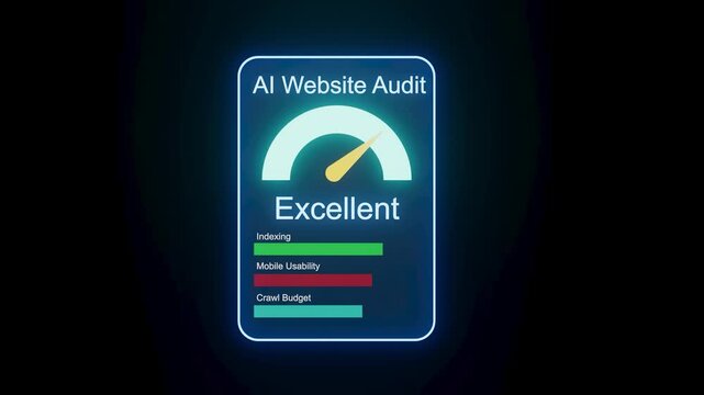 A digital display shows audit results for a website with a focus on three areas. Performance is marked as excellent for indexing, mobile usability, and crawl budget.
