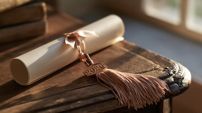 Rolled graduation diploma with ceremonial tassel on rustic wooden table