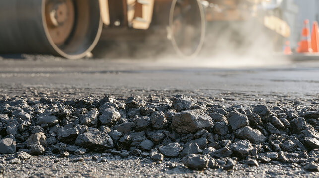 Steaming fresh asphalt after paving with crushed stone texture, road roller, construction work, and traffic cone in sunlight