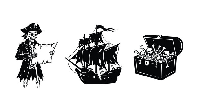 Pirate treasure illustration featuring pirate ship and chest with skulls