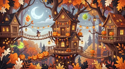 Fototapeta premium Whimsical Halloween Treehouse Village Illustration with Cute Pumpkins Fall Leaves Owl and Moon Autumn Holiday Banner