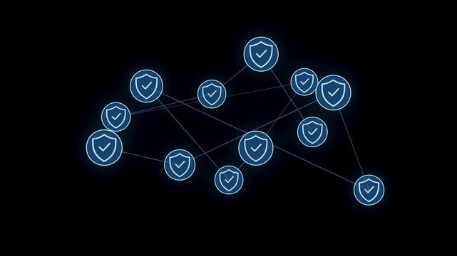 A network of digital shields linked together. It highlights the theme of cybersecurity in a tech-focused environment. The background is dark, emphasizing the blue design.