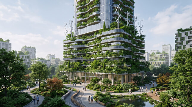 Futuristic high rise building covered with vegetation and integrated green spaces, showcasing sustainable architecture, urban biodiversity, energy efficient design, and future city development.