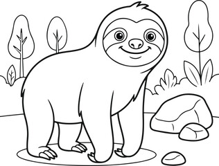 Fototapeta premium Cute cartoon sloth standing in the forest with trees and rocks, coloring page for kids