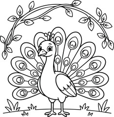 Fototapeta premium Cute peacock with a fanned tail standing under a leafy branch, coloring page for kids