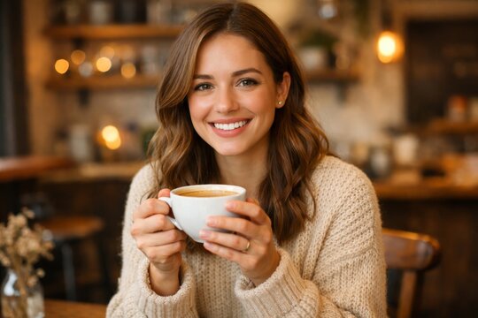 Smiling woman holding cup of coffee in cozy cafe interior with warm tones for coffee shop lifestyle portrait and beverage branding use