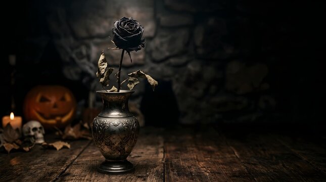 Spooky gothic Halloween still life featuring dried black rose in silver vase with skull and copyspace