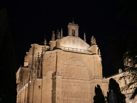 View of the illuminated facade of the Convento de San Esteban at night with intricate stone carvings and surrounding trees in Salamanca, Castile and Leon, Spain.