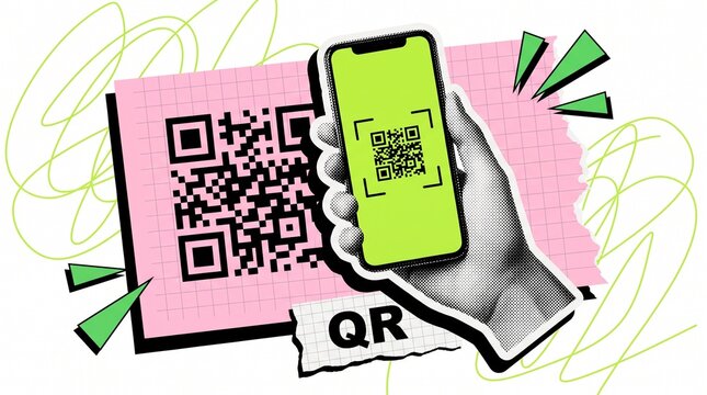A hand holding a smartphone to scan a qr code on a pink paper background with stylized illustration black