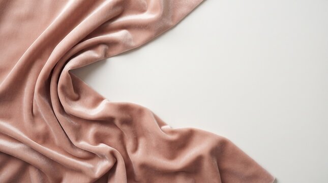 Luxurious blush pink velvet fabric folds on white background with copy space
