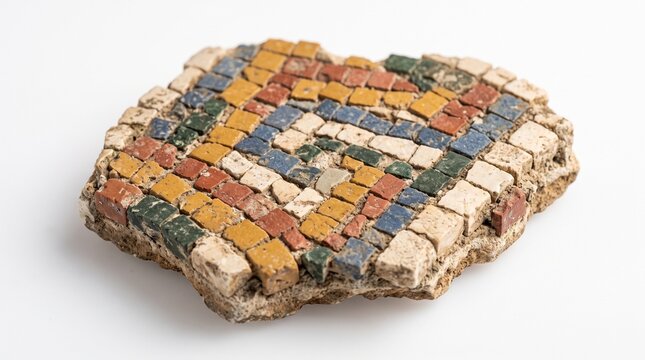 Ancient mosaic tile fragment displaying vibrant geometric patterns in muted yellow, red, blue, and green tones with rough textured stone tesserae embedded in mortar on a white surface.