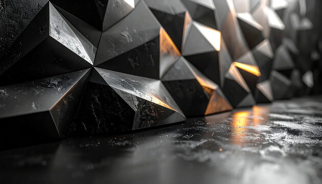 A dynamic abstract geometric metallic surface with dramatic lighting and reflective textures