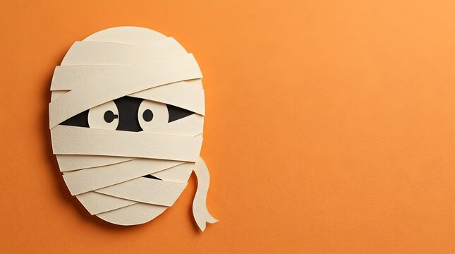 Cute paper craft mummy head on orange background for Halloween celebration with large copyspace
