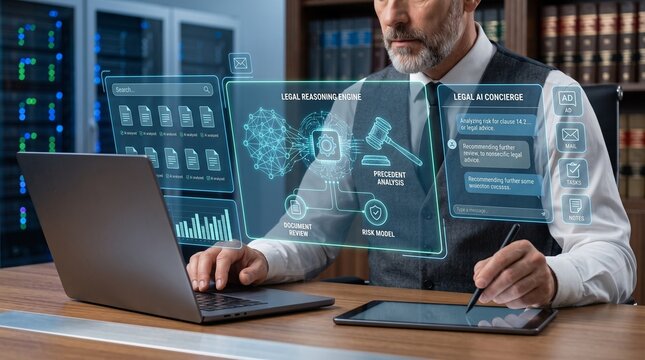 Mature lawyer using digital legal tech interface for case research in a modern law office