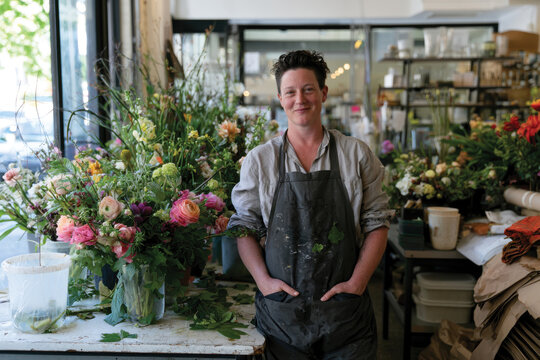 A confident florist poses amid beautifully arranged flowers, representing expertise and a love for the art of floristry in a charming flower shop filled with vibrant colors and blooms.