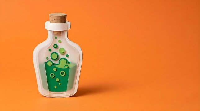 Halloween witch potion bottle in paper cut style on orange background with large side copyspace