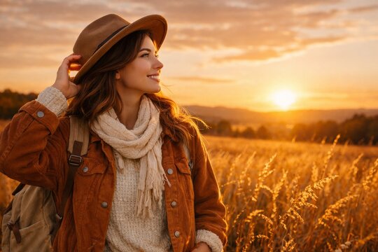 Woman in a hat and scarf standing in a golden field at sunset in autumn for travel lifestyle banner and seasonal background