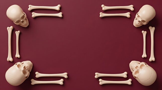 Top view of human skulls and bones arranged as a frame on a dark red background for halloween holiday