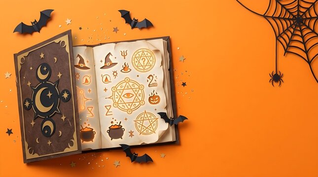 Halloween spellbook with mystical alchemy symbols, black paper bats and spider web on orange copyspace