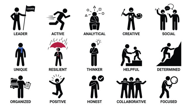 Vector graphic illustration showing diverse human personality traits and positive behavioral characteristics in black silhouette icons