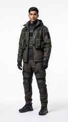 Fototapeta premium Full body shot of handsome man wearing olive green tactical techwear outfit and gloves isolated on white background.