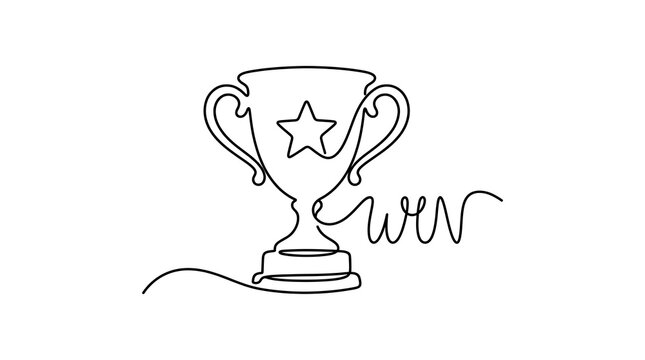 Minimalist continuous line art drawing of a champion trophy cup award with star and text champion achievement competition continuous
