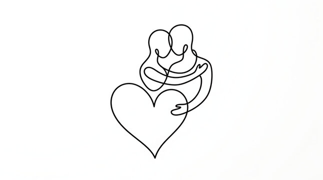 Minimalist continuous line art drawing of two people embracing and holding a big heart shape with embracing relationship affection together