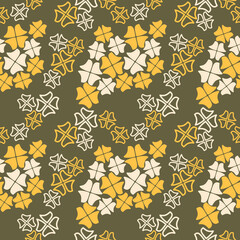 Seamless floral pattern with abstract four-petal flowers on olive green background. Geometric yellow and cream blossom for textile design, clothing, carpet, wallpaper, fabric, graphic ,wrapping. © PRANG.wrr