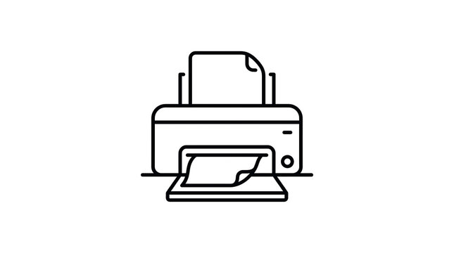 Clean black and white outline icon of a desktop printer printing a document with document equipment technology business workplace hardware