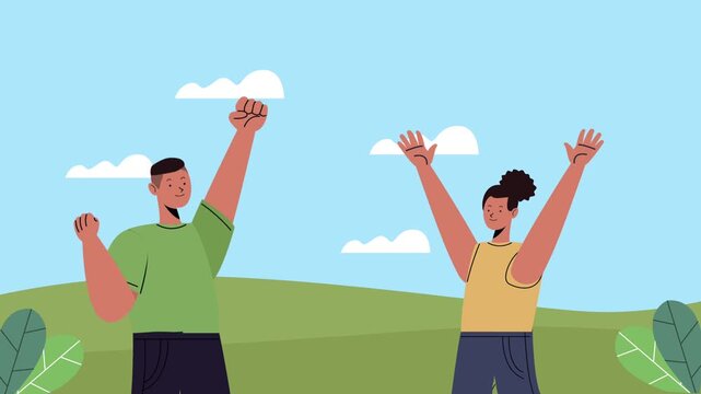 Happy afro couple celebrating success in nature landscape during sunny day with animated clouds.