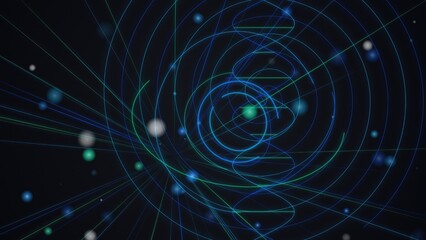 Abstract digital background featuring glowing blue circular lines and floating particles in a dark...