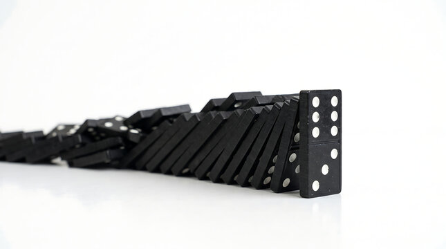 Row of black dominoes falling in chain reaction on white background visualizes causality effects and sequential problem solving strategy for business.