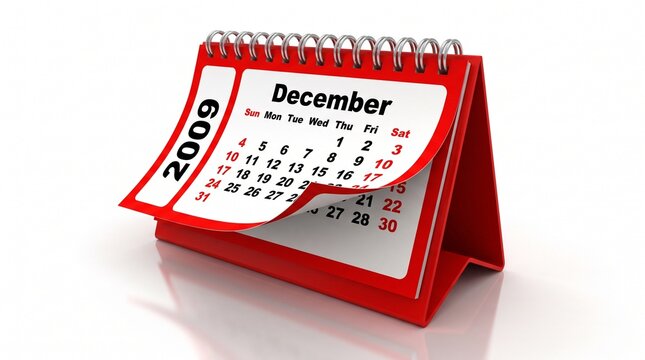 Red desktop calendar for december 2009 with a curling page isolated on a white background with calendar month