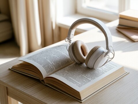 White headphones on open book by window with warm sunlight for audiobook and study concept