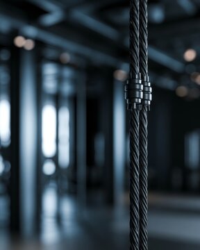 Close up of steel wire rope with metal clamps in dark industrial interior